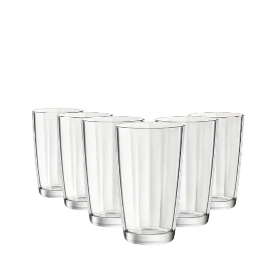 Set of six Bormioli Rocco Pulsar clear highball glasses, 470ml whisky tumblers, with sleek design and transparent glass finish.