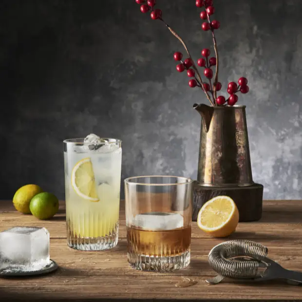 Set of six Bormioli Rocco Graphics 450ml whisky tumblers with clear glass design for elegant beverage serving.