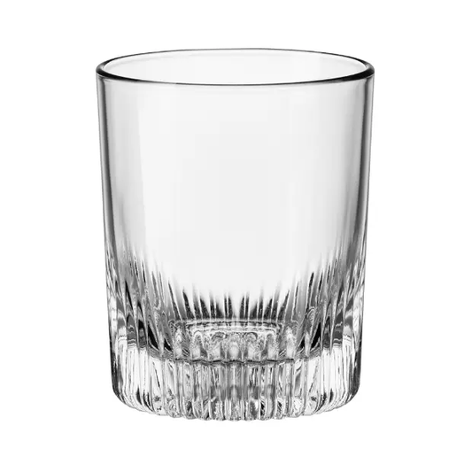 Bormioli Rocco Graphics 385ml whisky tumbler with clear glass and textured design for stylish whisky drinking.