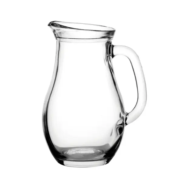 Clear 1L bistro glass jug by Glassware UK with a sturdy handle and wide opening, ideal for serving beverages.