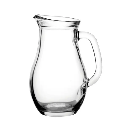 Clear 1L bistro glass jug by Glassware UK with a sturdy handle and wide opening, ideal for serving beverages.