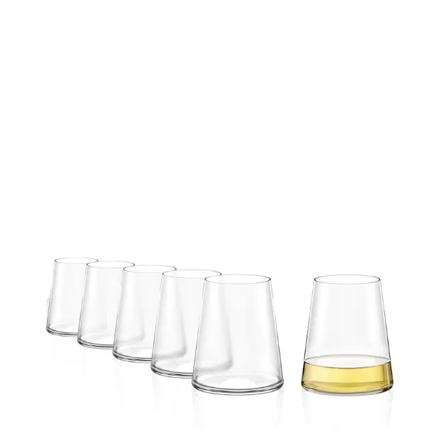 Set of six Stolzle Power stemless white wine glasses, 380ml capacity, clear glassware for white wine, by Glassware UK