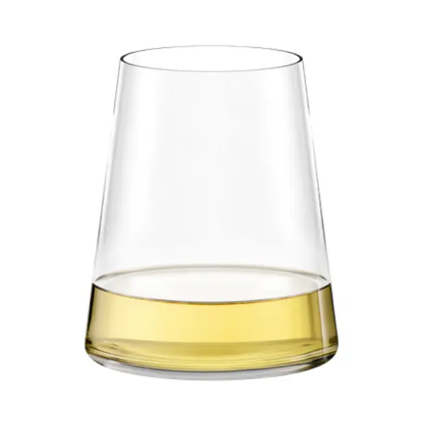 Set of six Stolzle Power stemless white wine glasses, 380ml capacity, made by Glassware UK, shown in a box.