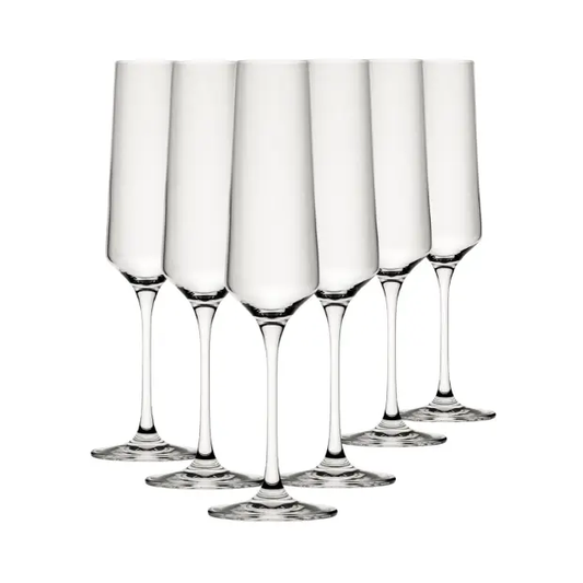 Set of six Murray champagne flute glasses from Glassware UK, 220ml capacity, clear elegant glassware for sparkling wine.