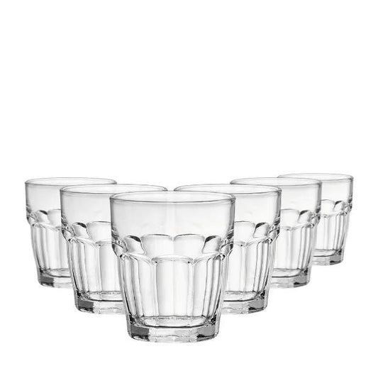 Set of six Bormioli Rocco Rocks Bar juice glasses, 215ml whisky tumblers with clear glass and smooth rounded rims.