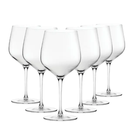 Set of six Burgundy wine glasses by Glassware UK, 625ml each, clear glass with elegant bowl shape for red wine.