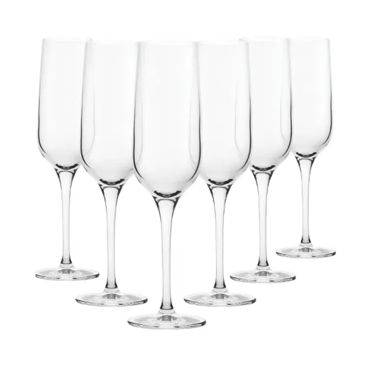 Set of six clear Glassware UK champagne flutes, 200ml, with slender stems and elegant bowl design for serving sparkling wine.