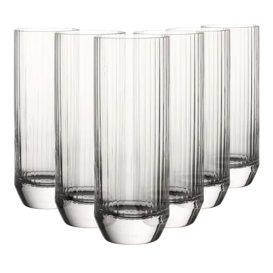 Set of six Glassware UK Big Top highball glasses, 430ml whisky tumblers with clear glass design for drinks and cocktails.