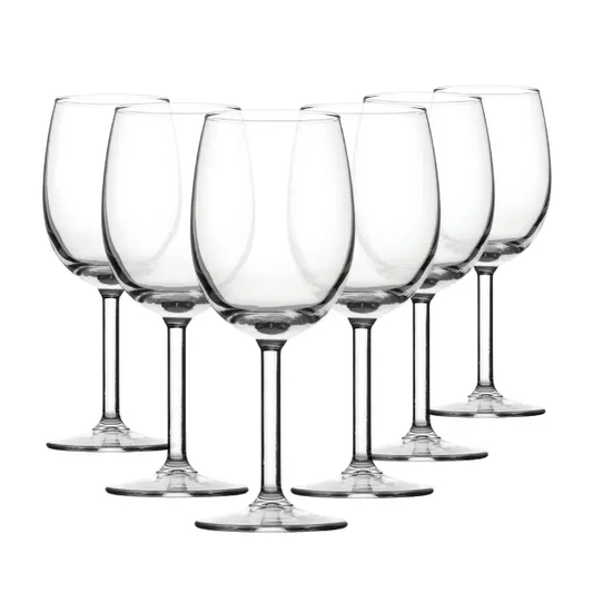 Set of six Primetime red wine glasses by Glassware UK, 375ml, clear glass with elegant stem and bowl design for wine serving.