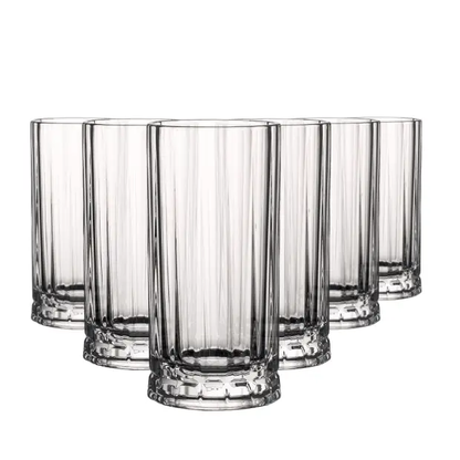 Set of six Wayne highball glasses by Glassware UK, 360ml whisky tumblers with clear glass and smooth rounded rims.