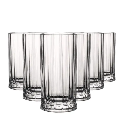 Set of six Wayne highball glasses by Glassware UK, 360ml whisky tumblers with clear glass and smooth rounded rims.