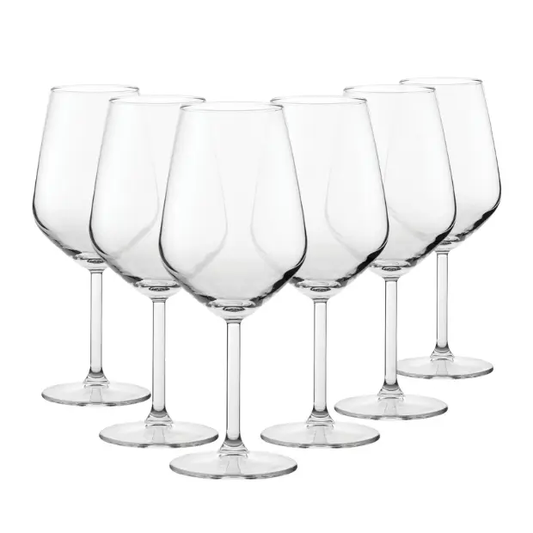 Set of six Allegra red wine glasses from Glassware UK, 490ml capacity, clear glass with elegant stem design.
