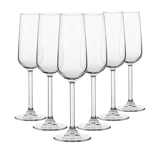 Set of six Glassware UK Allegra champagne flutes, 200ml, clear glass with elegant long stems and tapered bowls.