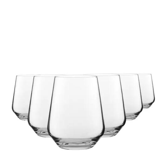 Set of six Allegra glass whisky tumblers with 440ml capacity, clear glassware with simple, elegant design by Glassware UK