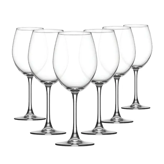 Set of six Glassware UK Enoteca wine glasses, 615ml capacity, clear glass with elegant bowl and stem for red or white wine.