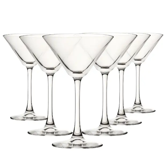 Set of six 220ml Glassware UK Enoteca Martini Cocktail Glasses, clear with elegant stem, ideal for serving martinis and cocktails.