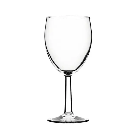 Elegant Saxon Glass Goblet by Glassware UK, 340ml wine glass with clear, curved glass design for wine presentation.