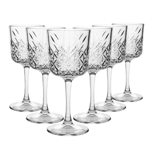 Set of six vintage-style wine glasses from Glassware UK, 330ml capacity, clear glass with elegant design.