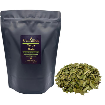 Loose leaf Yerba Mate tea from Camellios, showing fresh green dried leaves for traditional infusion.