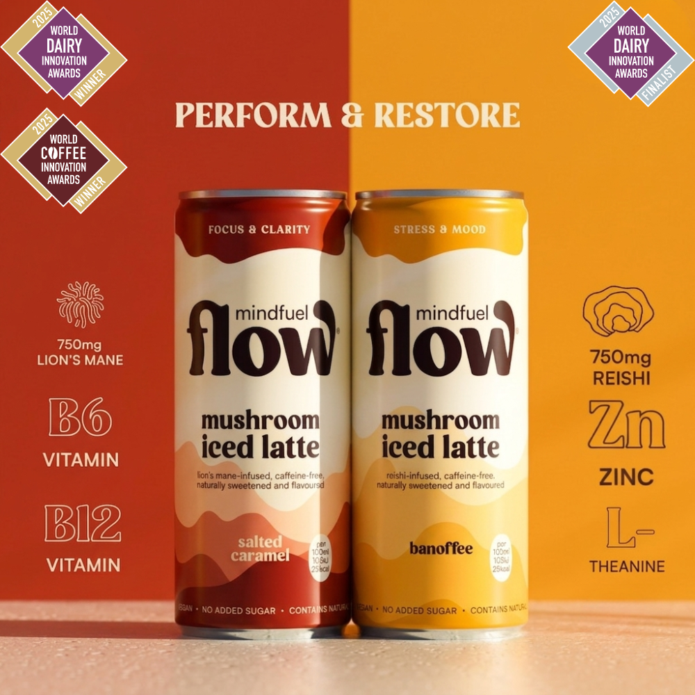 MINDFUEL FLOW Lion's Mane and Reishi oat latte mix pack with boxes of functional mushroom drinks on a white background.