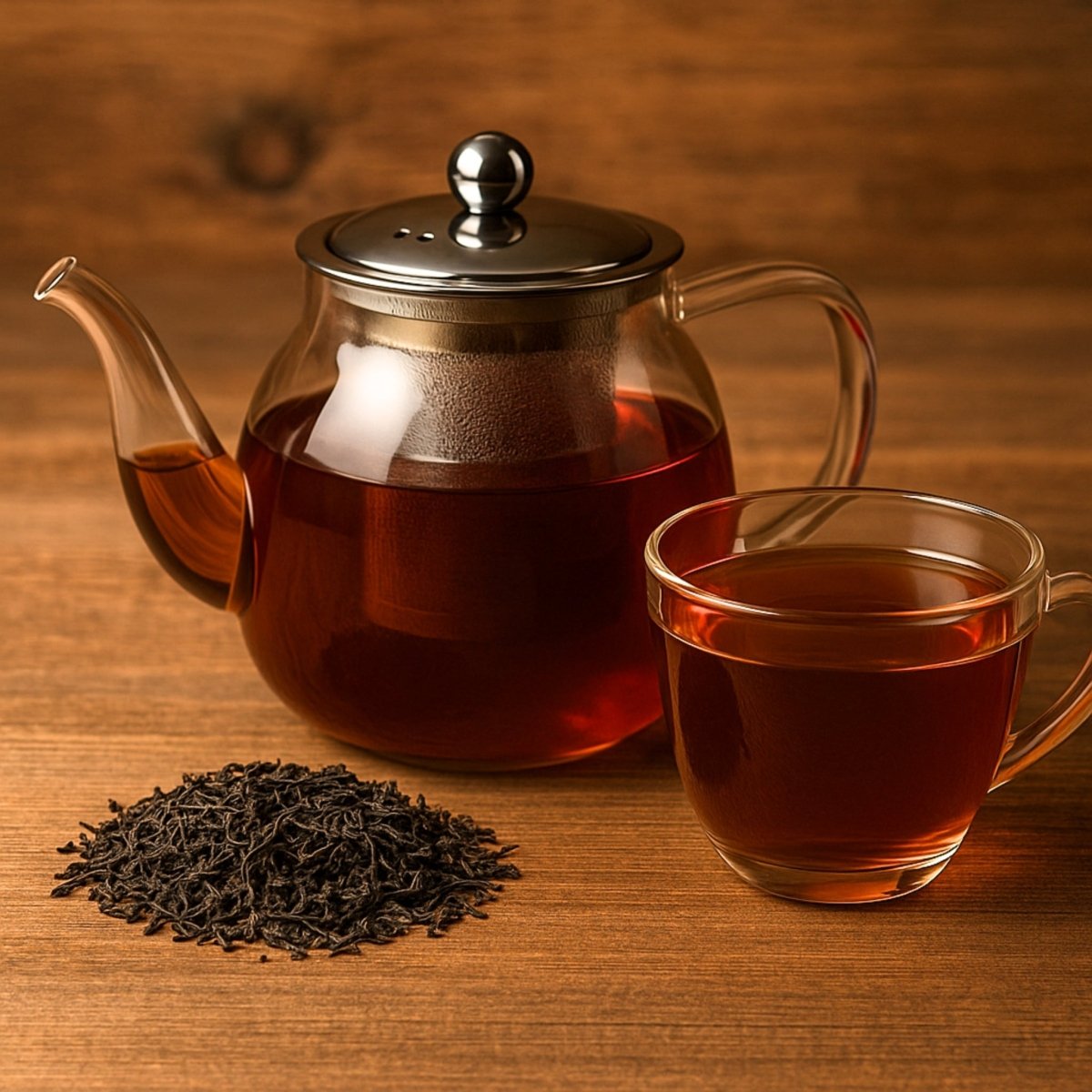 Loose leaf English Breakfast tea from Camellios, showing a close-up of the rich, dark tea leaves in a natural setting.