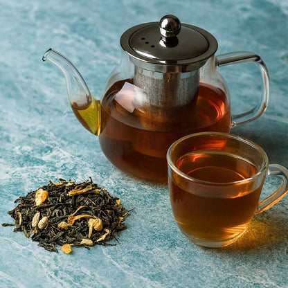 Assorted loose leaf teas and infusions in a bundle from Camellios, featuring colorful tea leaves and dried herbs arranged in a natural setting.