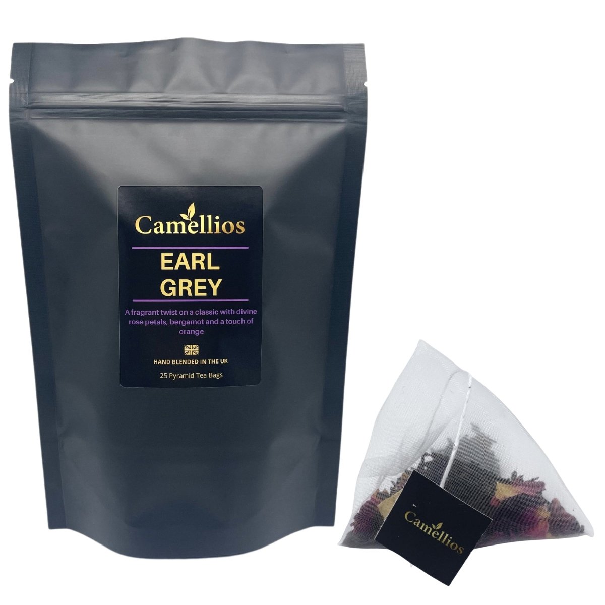Pack of Camellios Earl Grey tea and infusions with tea bags and loose leaves, featuring classic citrus and bergamot flavor.
