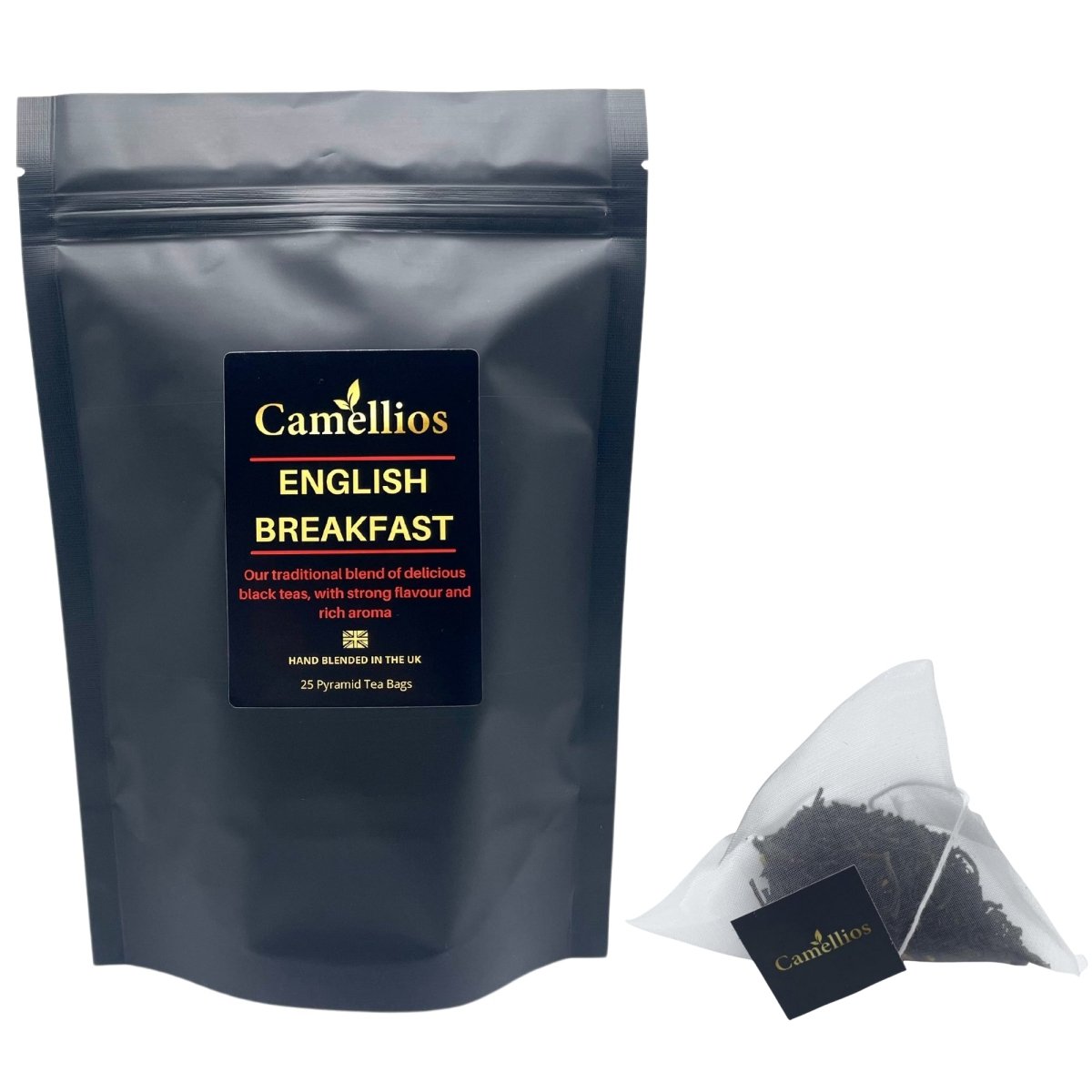 Camellios English Breakfast tea in a tin, showcasing the tea blend with loose leaves and packaging.
