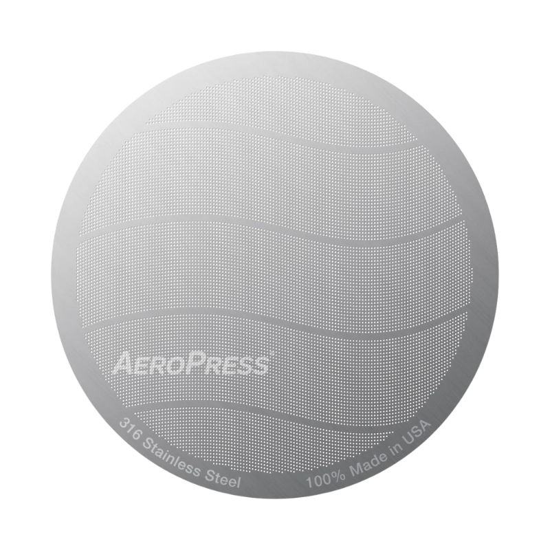 Stainless steel AeroPress filter by Contact Coffee Company Ltd., showing a durable, reusable coffee filter for AeroPress brewing.