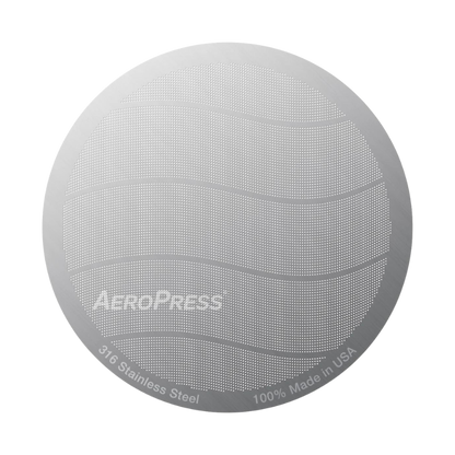 Stainless steel AeroPress filter by Contact Coffee Company Ltd., showing a durable, reusable coffee filter for AeroPress brewing.