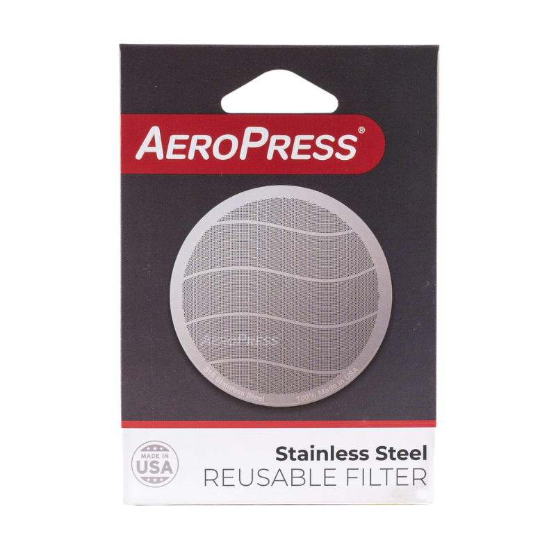 Stainless steel Aeropress filter from Contact Coffee Company Ltd., showing the durable, fine mesh design for brewing coffee.