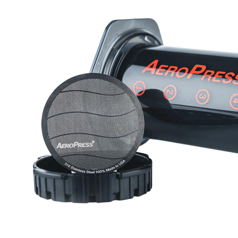 Stainless steel AeroPress filter from Contact Coffee Company Ltd., designed for coffee brewing gear with a durable metal mesh.