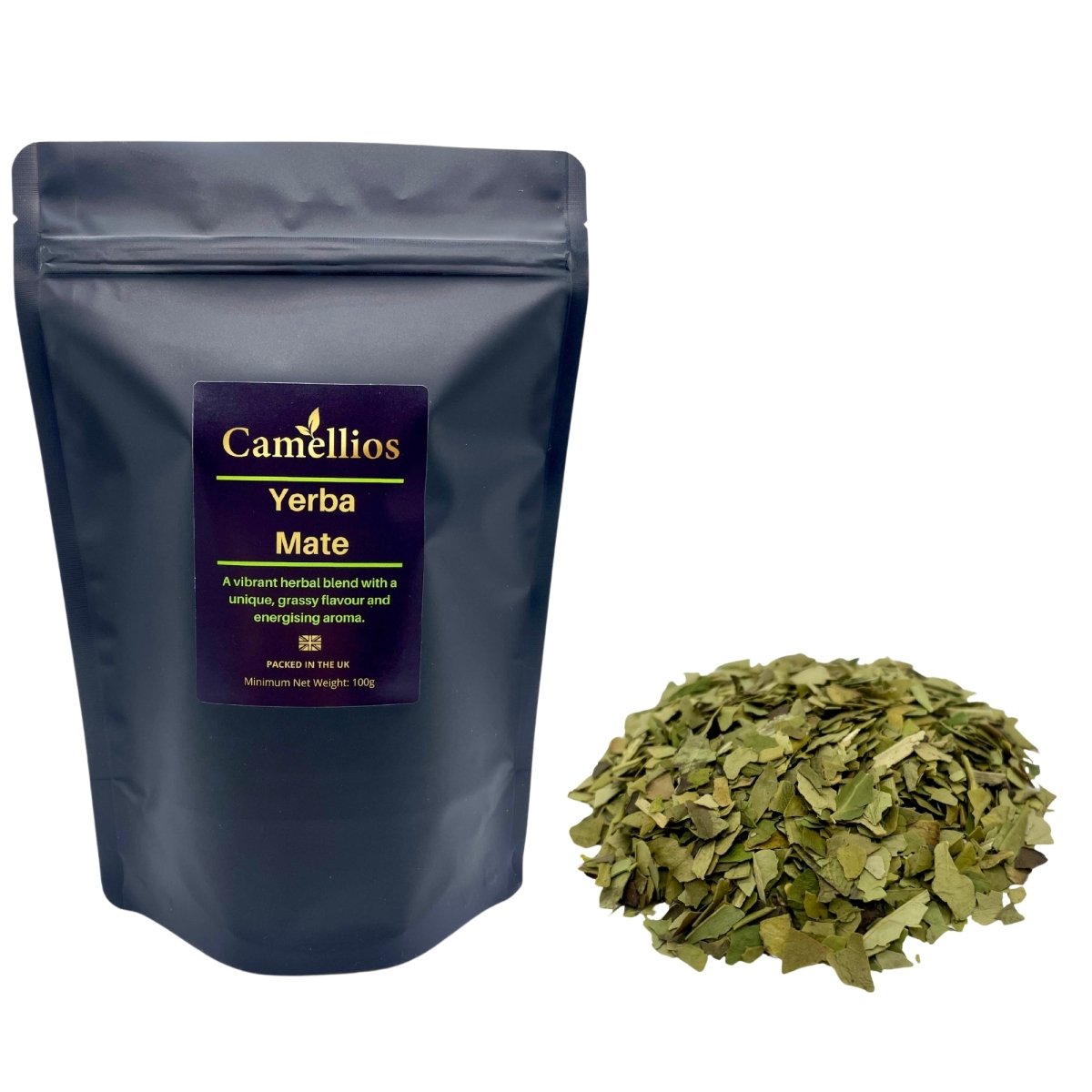 Loose leaf Yerba Mate tea from Camellios, showing green dried leaves ideal for brewing traditional infusions.