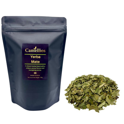 Loose leaf Yerba Mate tea from Camellios, showing green dried leaves ideal for brewing traditional infusions.