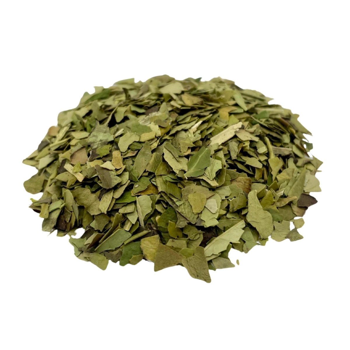 Loose leaf Yerba Mate tea from Camellios, with fresh green leaves and stems for traditional infusion and herbal flavor.