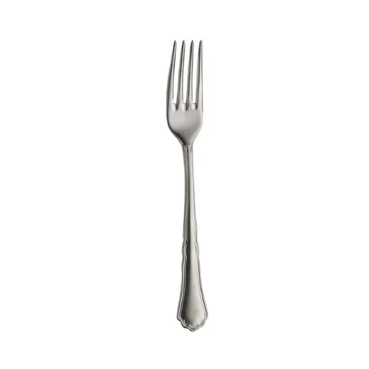 Glassware UK Pintinox Settecento Table Fork with stone-washed finish, close-up of stainless steel cutlery with textured handle.
