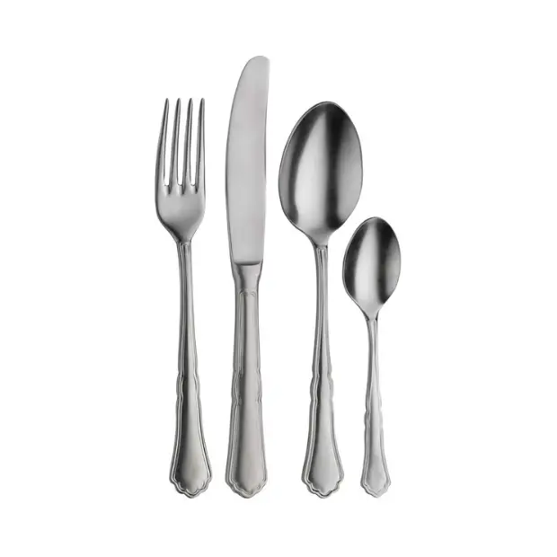 Glassware UK Pintinox Settecento table fork in stone washed finish, showcasing its elegant cutlery design and textured metal surface.