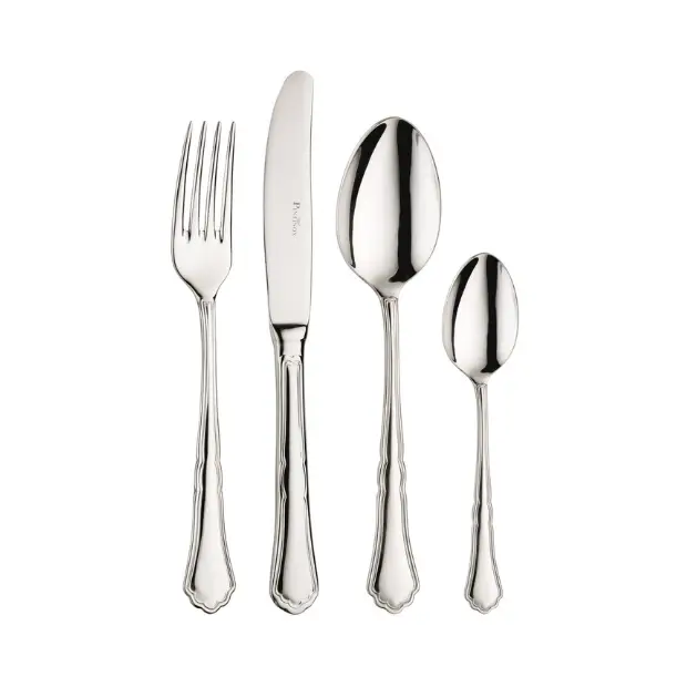 Mirror polish Pintinox Settecento coffee spoon with sleek cutlery design, reflecting light, on a plain background.