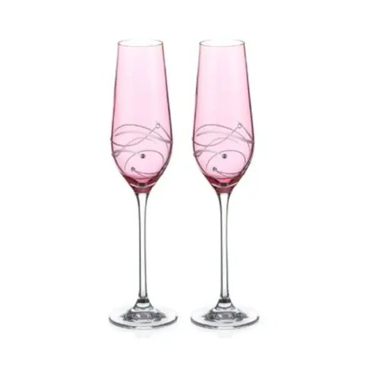 Set of two Glassware UK pink champagne flutes with spiral diamond-cut design, presented in a gift box.