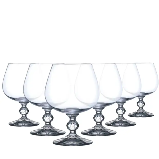Set of six Claudia Crystalite whisky tumblers with 250ml capacity, clear glassware perfect for enjoying brandy and spirits.