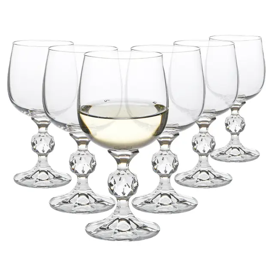 Six clear Claudia Crystalite wine glasses from Glassware UK, 190ml capacity, arranged on a table.