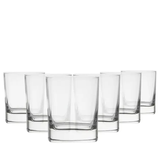Set of six Luigi Bormioli Strauss whisky tumblers, 240ml glassware with clear, elegant design for whisky drinking.
