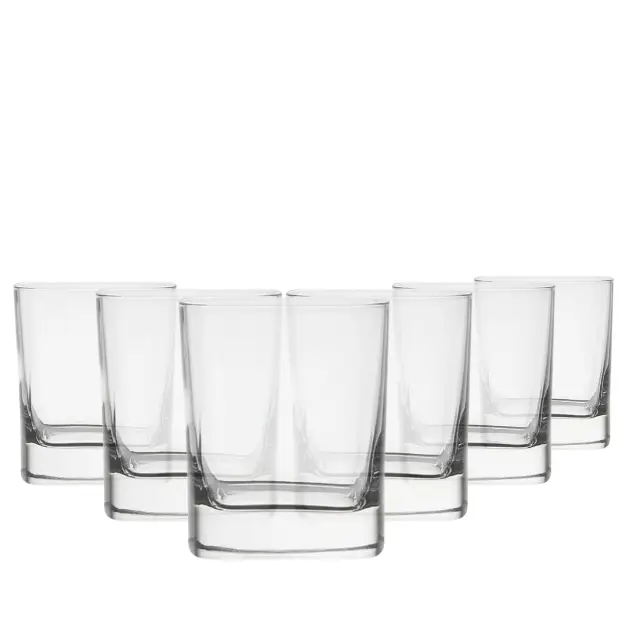 Set of six Luigi Bormioli square whisky tumblers, 240ml glassware with clear, modern design for elegant drinking experiences.