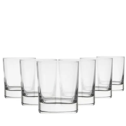 Set of six Luigi Bormioli square whisky tumblers, 240ml glassware with clear, modern design for elegant drinking experiences.