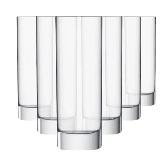 Set of six Luigi Bormioli Strauss highball glasses, 390ml whisky tumblers with clear glass and sleek design.