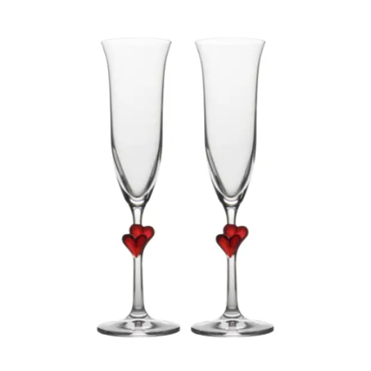 Set of two Stolzle Lausitz L'Amour Heart champagne flutes with elegant design, displayed in a gift box.