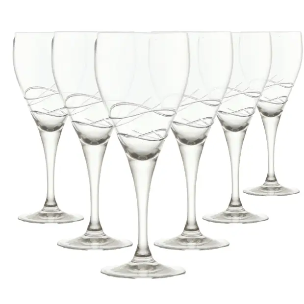 Set of six Turing Crystalite wine glasses by Glassware UK, 280ml, clear glassware with elegant, rounded bowl design.