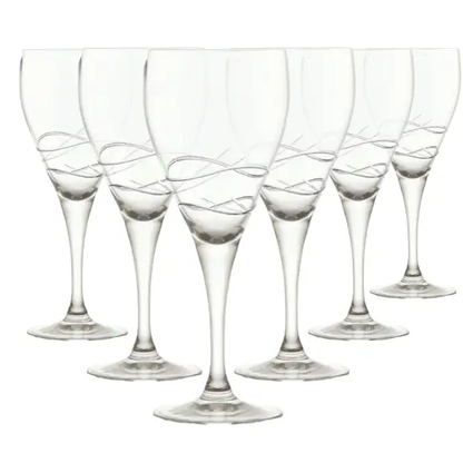 Set of six Turing Crystalite wine glasses by Glassware UK, 280ml, clear glassware with elegant, rounded bowl design.