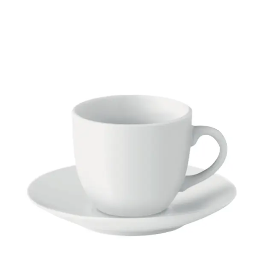 Set of two Glassware UK espresso cups with matching saucers, clear glass coffee glasses with rounded handles and smooth rims.