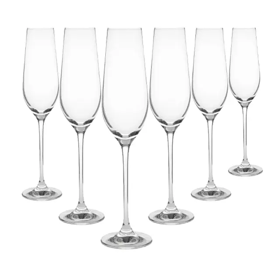 Set of six Glassware UK Harmony champagne flutes, 230ml, clear glass with elegant, slender design for sparkling wine.